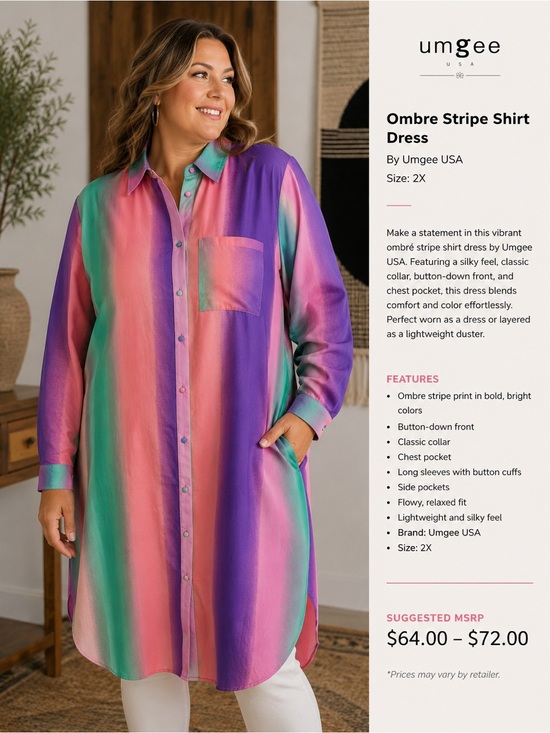 Umgee Dresses & Skirts - Umgee Multicolor Ombre Stripe Shirt Dress - Pink, Purple, Green